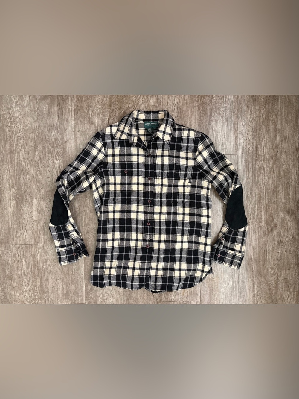 Lauren Jeans Co Ralph Lauren 100% Wool Plaid Shirt Leather Elbow Patches Sz S